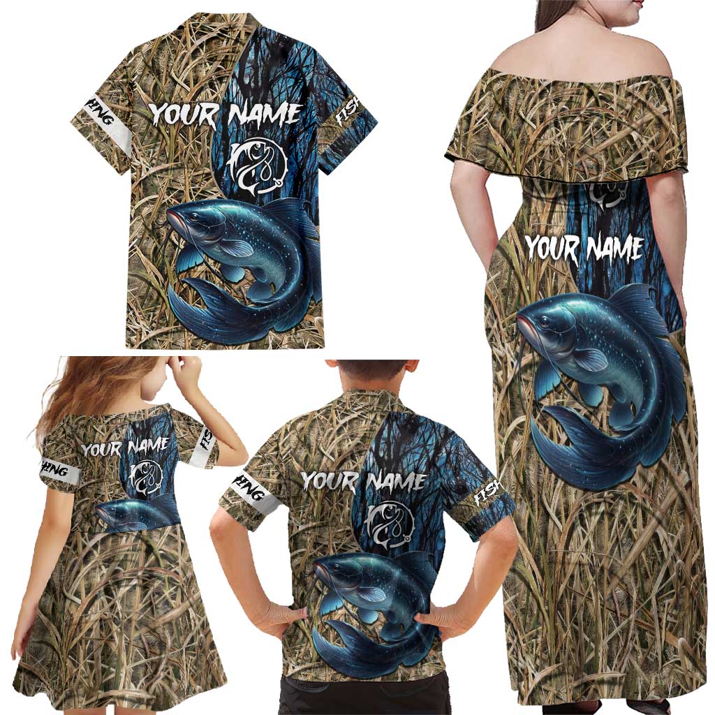 Catfish Fishing Personalized Family Matching Off Shoulder Maxi Dress and Hawaiian Shirt Blue Bass and Camo Reeds Background - Wonder Print Shop