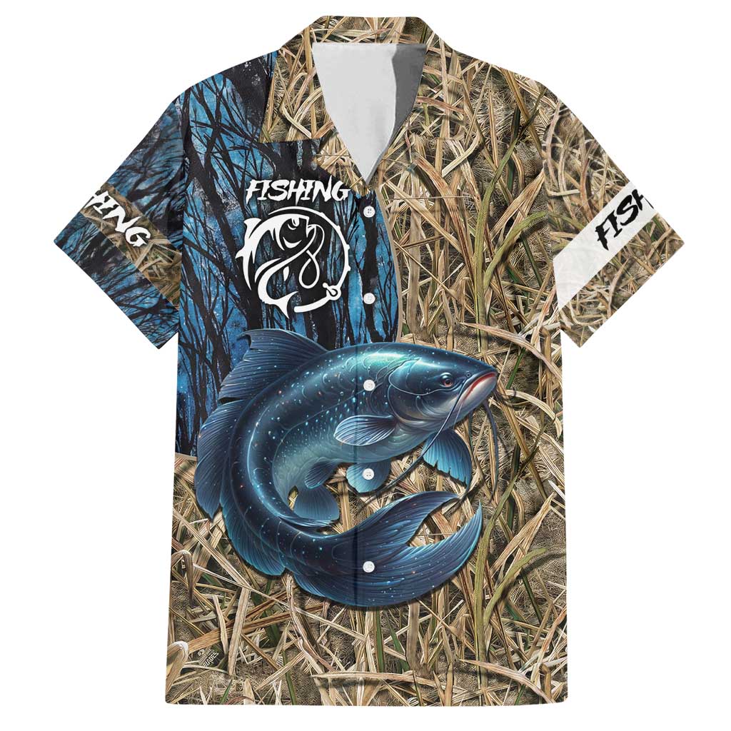 Catfish Fishing Personalized Family Matching Off Shoulder Maxi Dress and Hawaiian Shirt Blue Bass and Camo Reeds Background - Wonder Print Shop