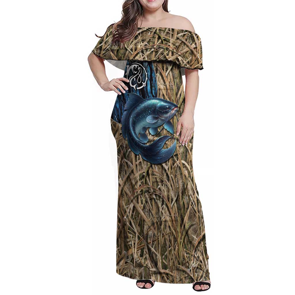 Catfish Fishing Personalized Family Matching Off Shoulder Maxi Dress and Hawaiian Shirt Blue Bass and Camo Reeds Background - Wonder Print Shop