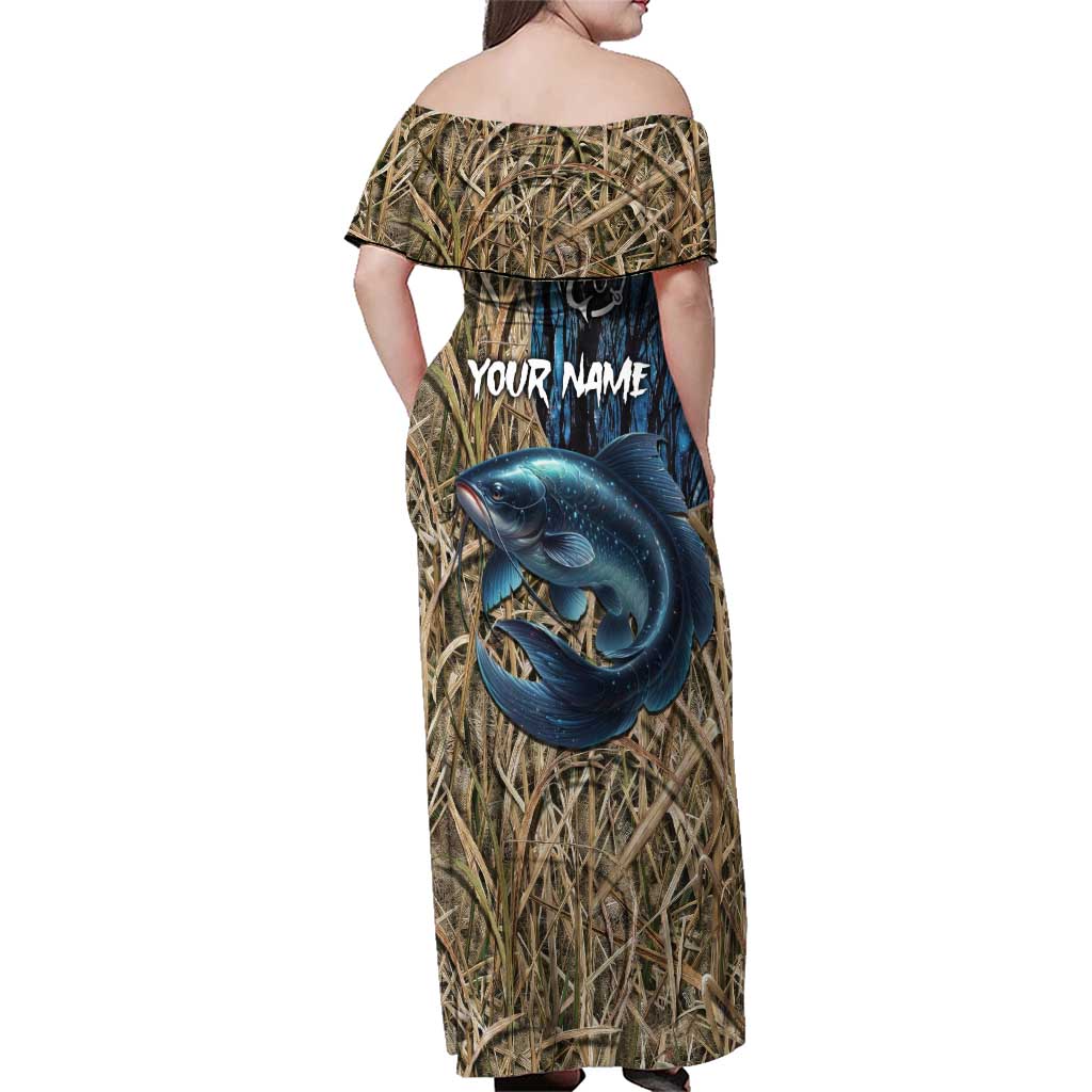 Catfish Fishing Personalized Family Matching Off Shoulder Maxi Dress and Hawaiian Shirt Blue Bass and Camo Reeds Background - Wonder Print Shop