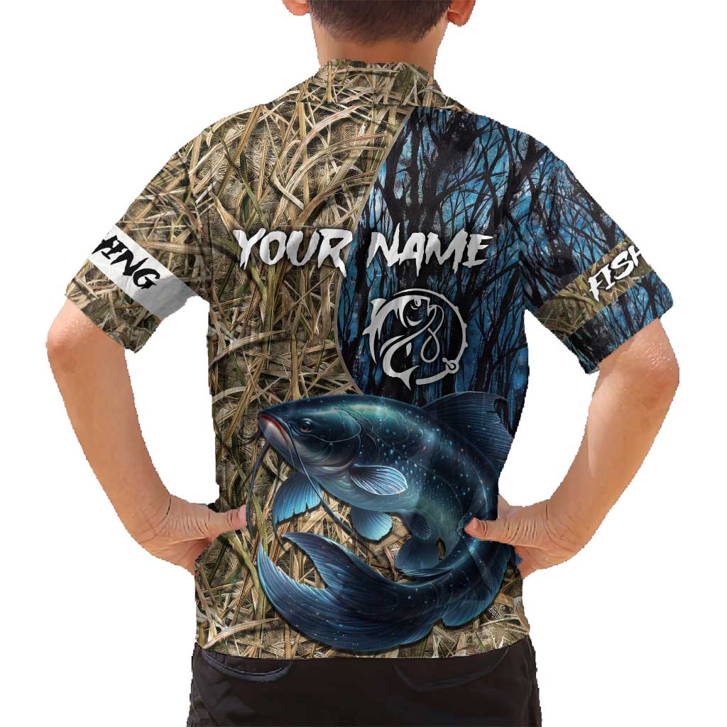 Catfish Fishing Personalized Family Matching Off Shoulder Short Dress and Hawaiian Shirt Blue Bass and Camo Reeds Background - Wonder Print Shop