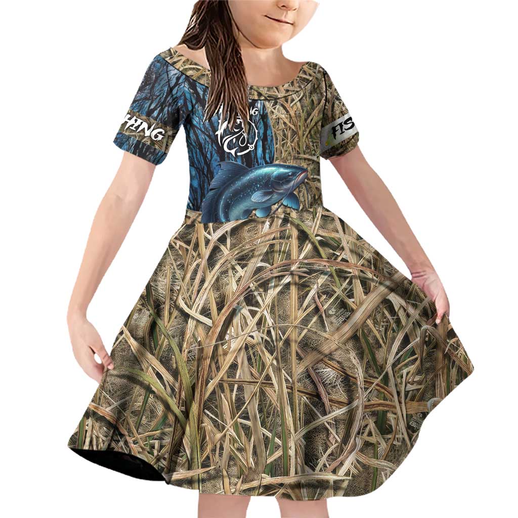 Catfish Fishing Personalized Family Matching Off Shoulder Short Dress and Hawaiian Shirt Blue Bass and Camo Reeds Background - Wonder Print Shop