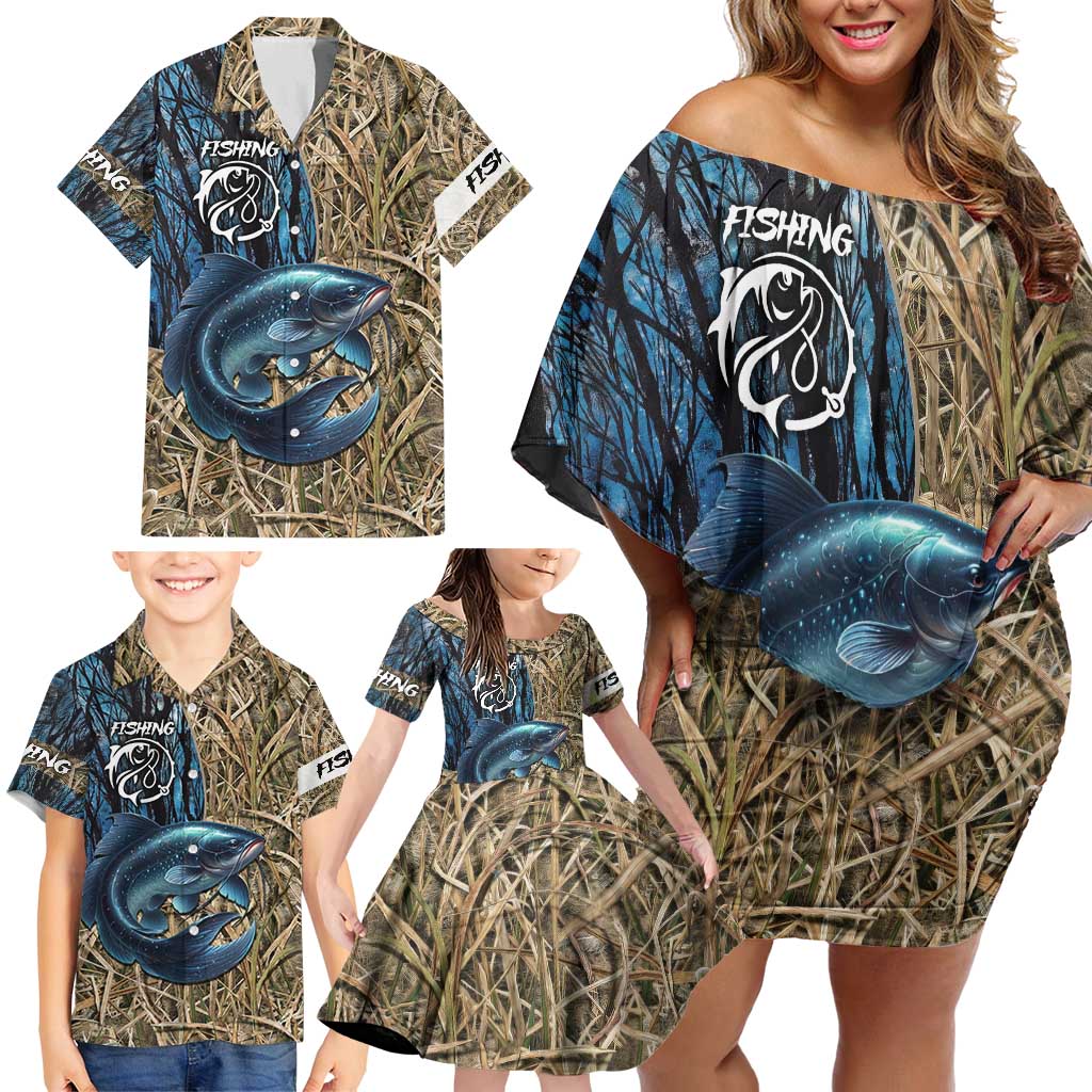 Catfish Fishing Personalized Family Matching Off Shoulder Short Dress and Hawaiian Shirt Blue Bass and Camo Reeds Background - Wonder Print Shop