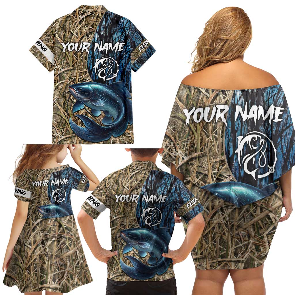 Catfish Fishing Personalized Family Matching Off Shoulder Short Dress and Hawaiian Shirt Blue Bass and Camo Reeds Background - Wonder Print Shop