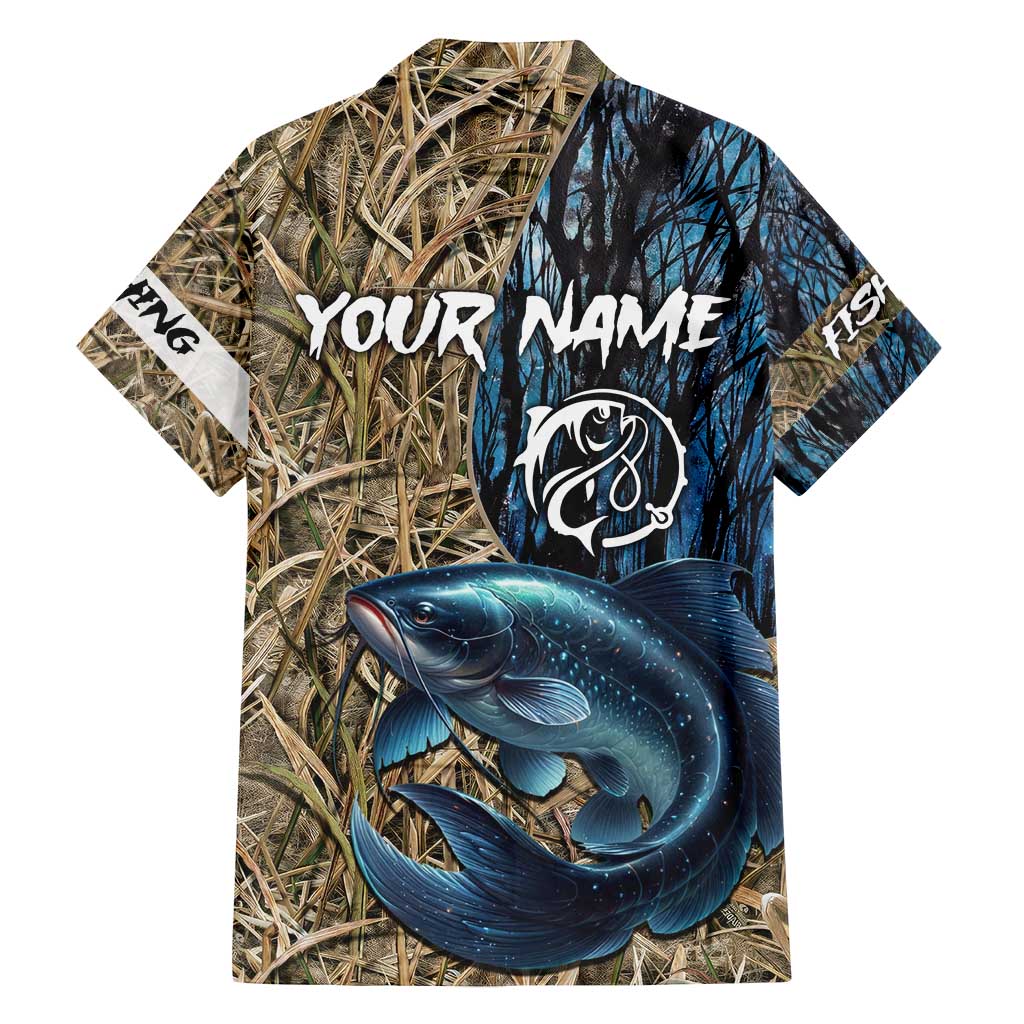 Catfish Fishing Personalized Family Matching Off Shoulder Short Dress and Hawaiian Shirt Blue Bass and Camo Reeds Background - Wonder Print Shop