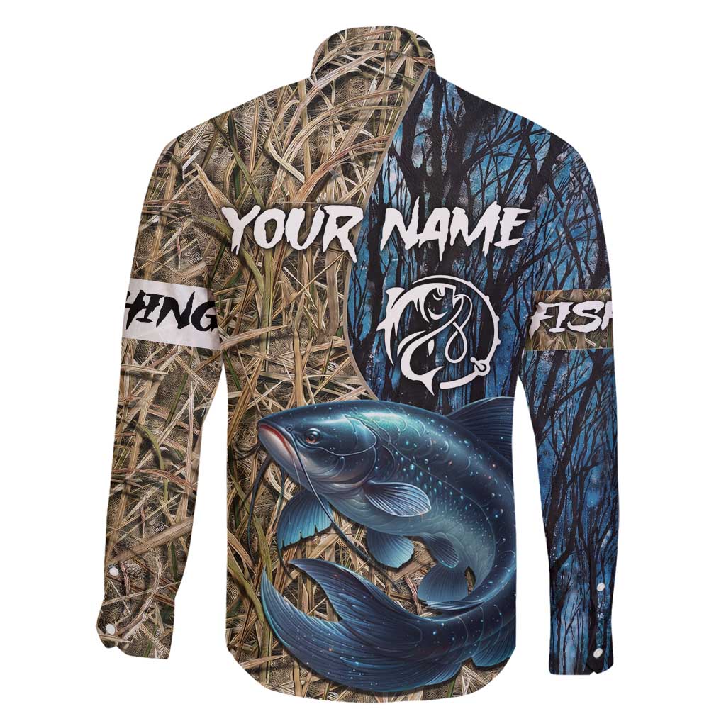 Catfish Fishing Personalized Family Matching Off Shoulder Short Dress and Hawaiian Shirt Blue Bass and Camo Reeds Background - Wonder Print Shop