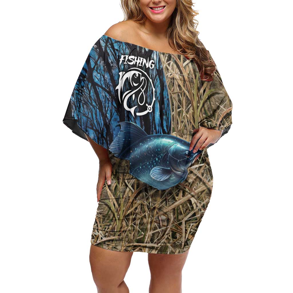 Catfish Fishing Personalized Family Matching Off Shoulder Short Dress and Hawaiian Shirt Blue Bass and Camo Reeds Background - Wonder Print Shop