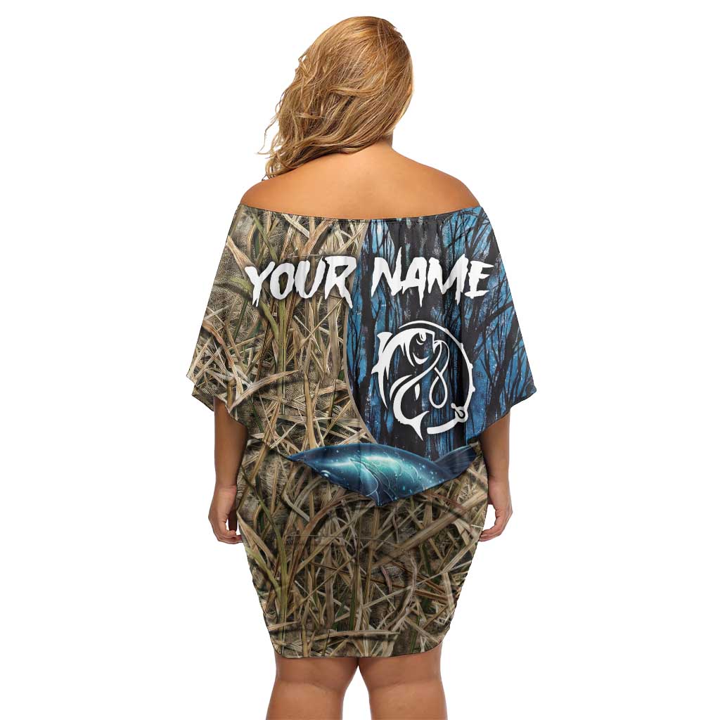 Catfish Fishing Personalized Family Matching Off Shoulder Short Dress and Hawaiian Shirt Blue Bass and Camo Reeds Background - Wonder Print Shop