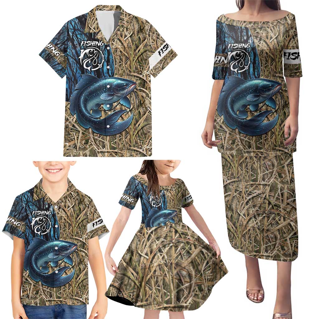 Catfish Fishing Personalized Family Matching Puletasi and Hawaiian Shirt Blue Bass and Camo Reeds Background - Wonder Print Shop