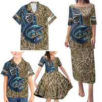 Catfish Fishing Personalized Family Matching Puletasi and Hawaiian Shirt Blue Bass and Camo Reeds Background - Wonder Print Shop