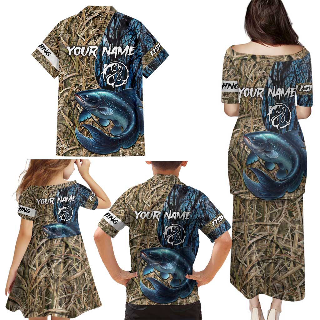 Catfish Fishing Personalized Family Matching Puletasi and Hawaiian Shirt Blue Bass and Camo Reeds Background - Wonder Print Shop