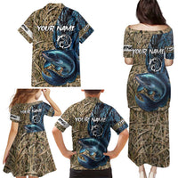 Catfish Fishing Personalized Family Matching Puletasi and Hawaiian Shirt Blue Bass and Camo Reeds Background - Wonder Print Shop