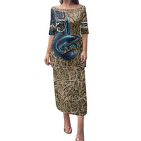 Catfish Fishing Personalized Family Matching Puletasi and Hawaiian Shirt Blue Bass and Camo Reeds Background - Wonder Print Shop