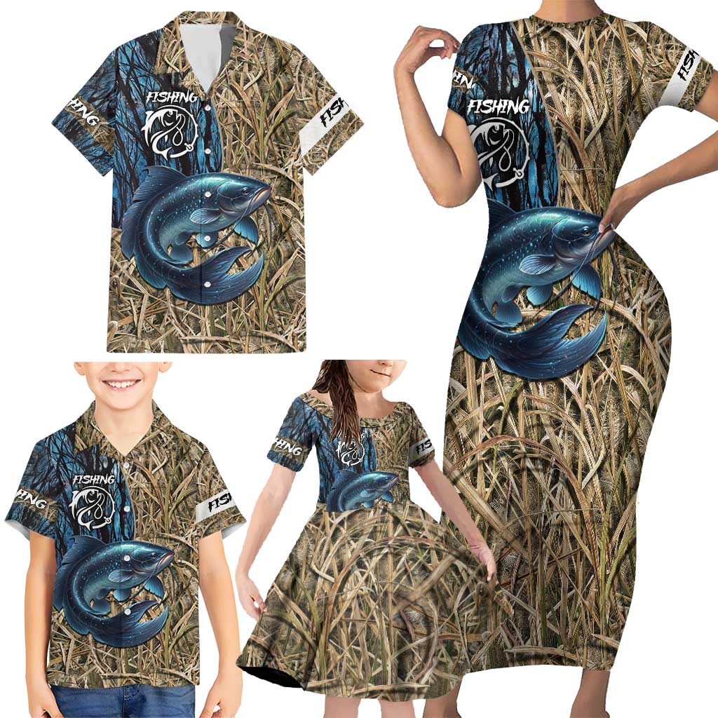 Catfish Fishing Personalized Family Matching Short Sleeve Bodycon Dress and Hawaiian Shirt Blue Bass and Camo Reeds Background - Wonder Print Shop