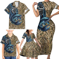 Catfish Fishing Personalized Family Matching Short Sleeve Bodycon Dress and Hawaiian Shirt Blue Bass and Camo Reeds Background - Wonder Print Shop