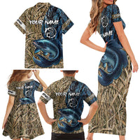 Catfish Fishing Personalized Family Matching Short Sleeve Bodycon Dress and Hawaiian Shirt Blue Bass and Camo Reeds Background - Wonder Print Shop