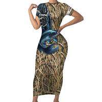 Catfish Fishing Personalized Family Matching Short Sleeve Bodycon Dress and Hawaiian Shirt Blue Bass and Camo Reeds Background - Wonder Print Shop
