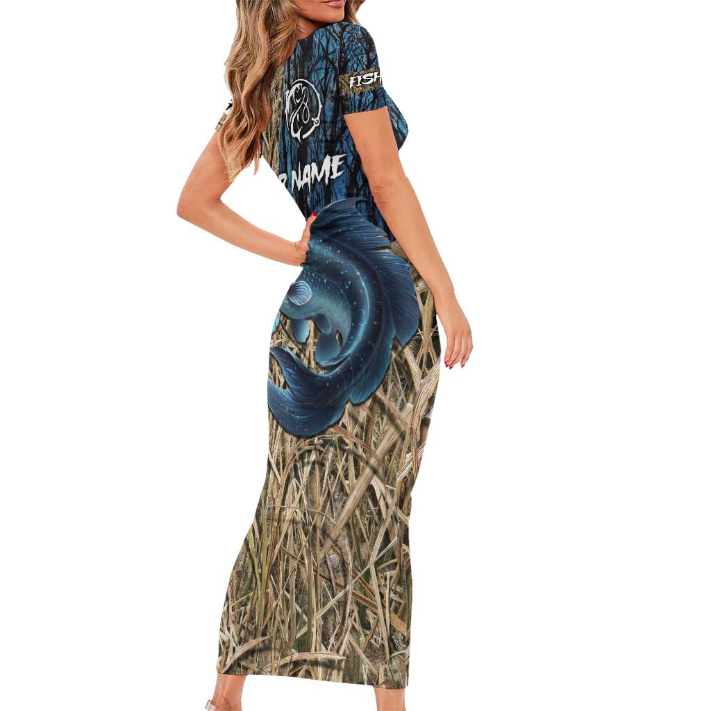 Catfish Fishing Personalized Family Matching Short Sleeve Bodycon Dress and Hawaiian Shirt Blue Bass and Camo Reeds Background - Wonder Print Shop