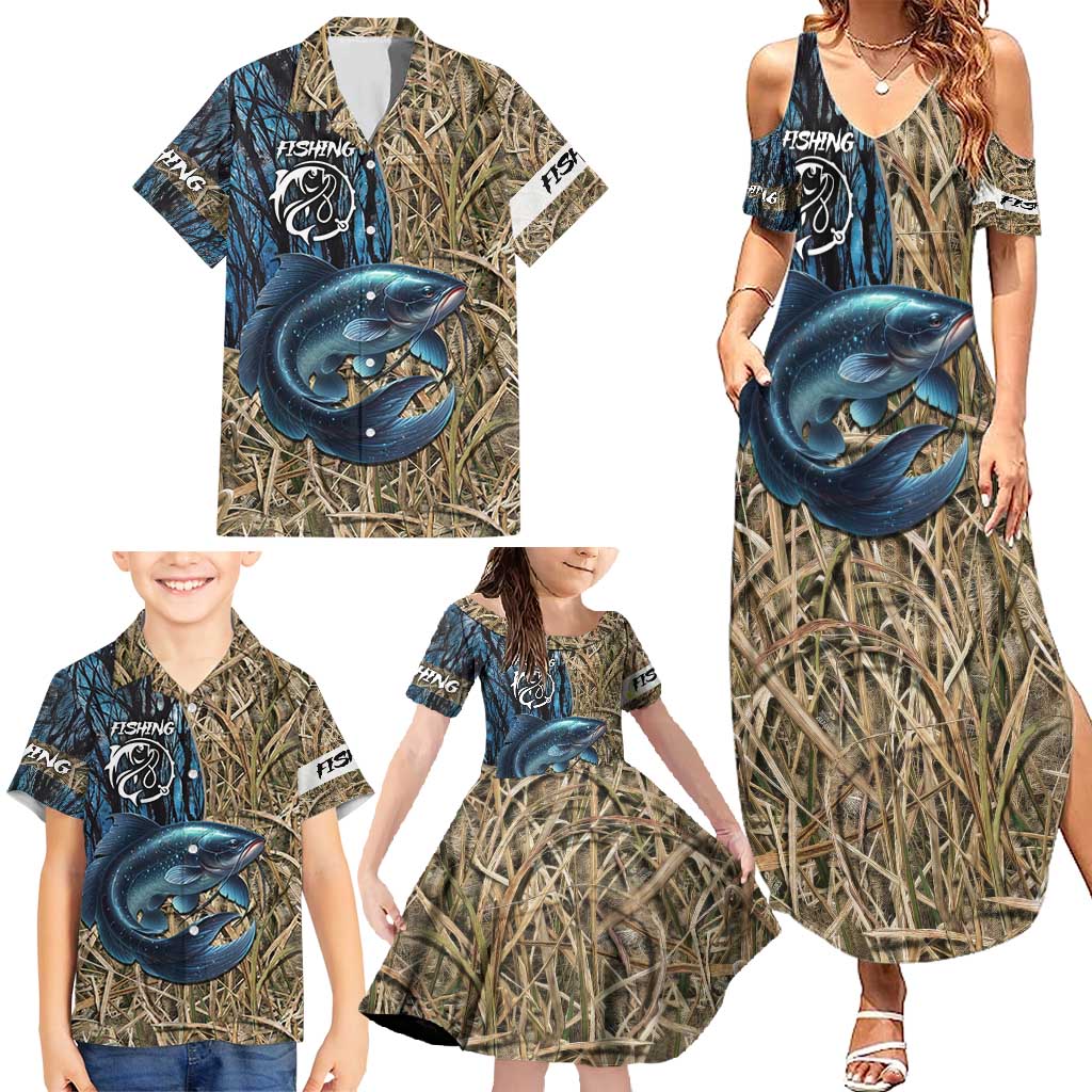 Catfish Fishing Personalized Family Matching Summer Maxi Dress and Hawaiian Shirt Blue Bass and Camo Reeds Background - Wonder Print Shop
