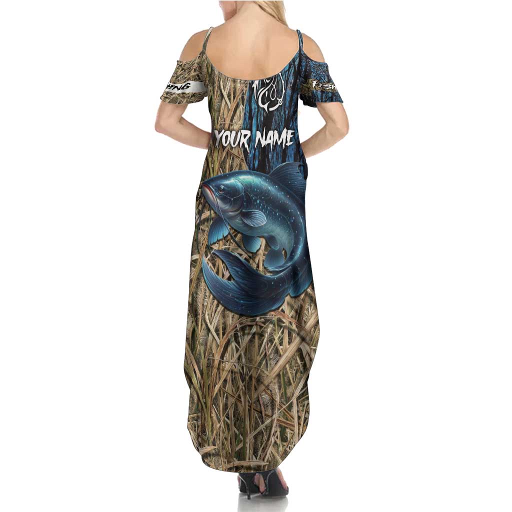 Catfish Fishing Personalized Family Matching Summer Maxi Dress and Hawaiian Shirt Blue Bass and Camo Reeds Background - Wonder Print Shop