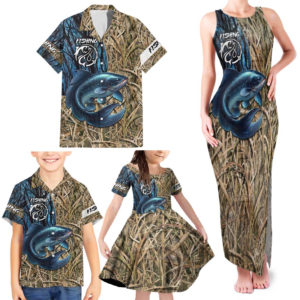 Catfish Fishing Personalized Family Matching Tank Maxi Dress and Hawaiian Shirt Blue Bass and Camo Reeds Background - Wonder Print Shop