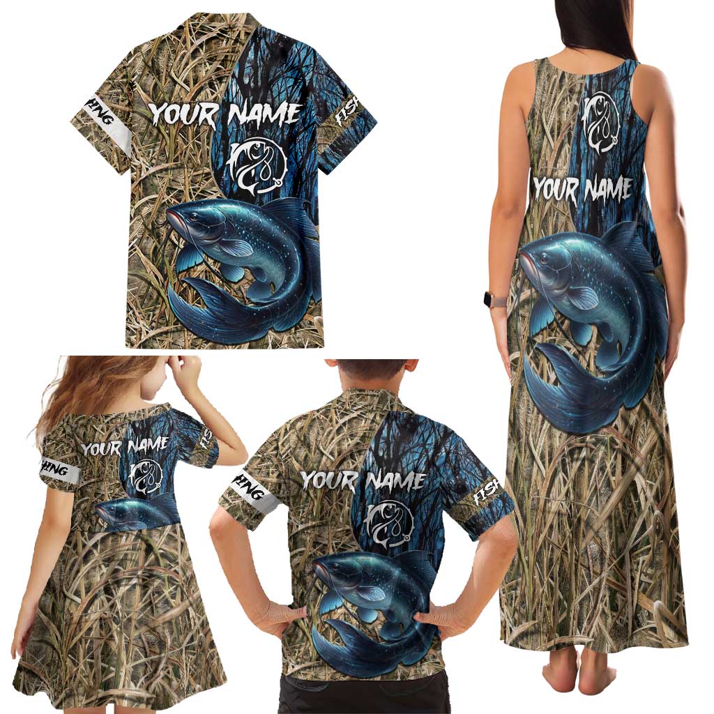 Catfish Fishing Personalized Family Matching Tank Maxi Dress and Hawaiian Shirt Blue Bass and Camo Reeds Background - Wonder Print Shop