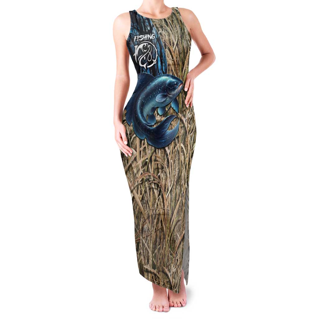 Catfish Fishing Personalized Family Matching Tank Maxi Dress and Hawaiian Shirt Blue Bass and Camo Reeds Background - Wonder Print Shop