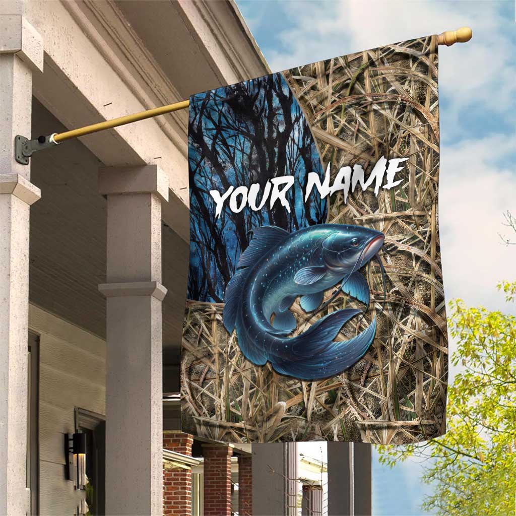 Catfish Fishing Personalized Garden Flag Blue Bass and Camo Reeds Background - Wonder Print Shop