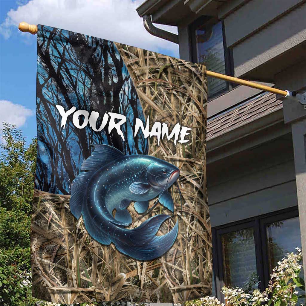Catfish Fishing Personalized Garden Flag Blue Bass and Camo Reeds Background - Wonder Print Shop