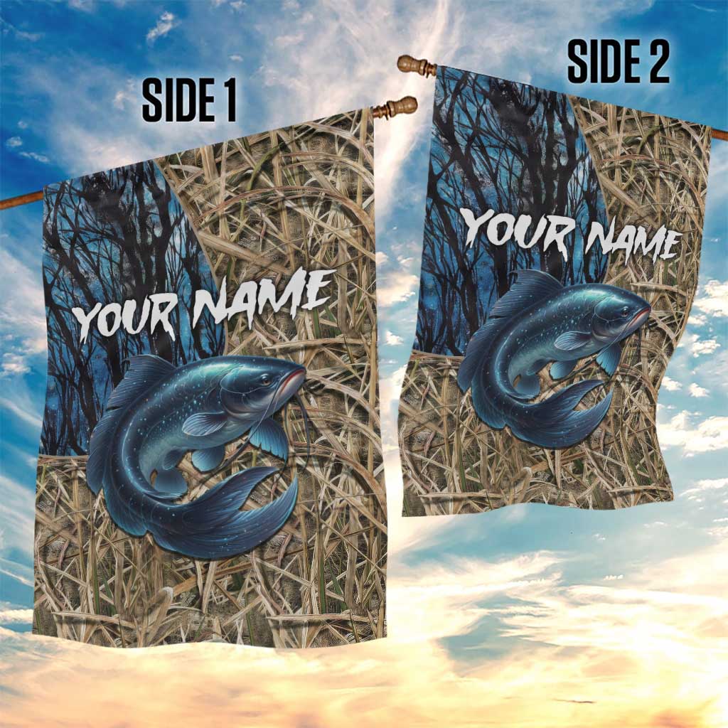 Catfish Fishing Personalized Garden Flag Blue Bass and Camo Reeds Background - Wonder Print Shop