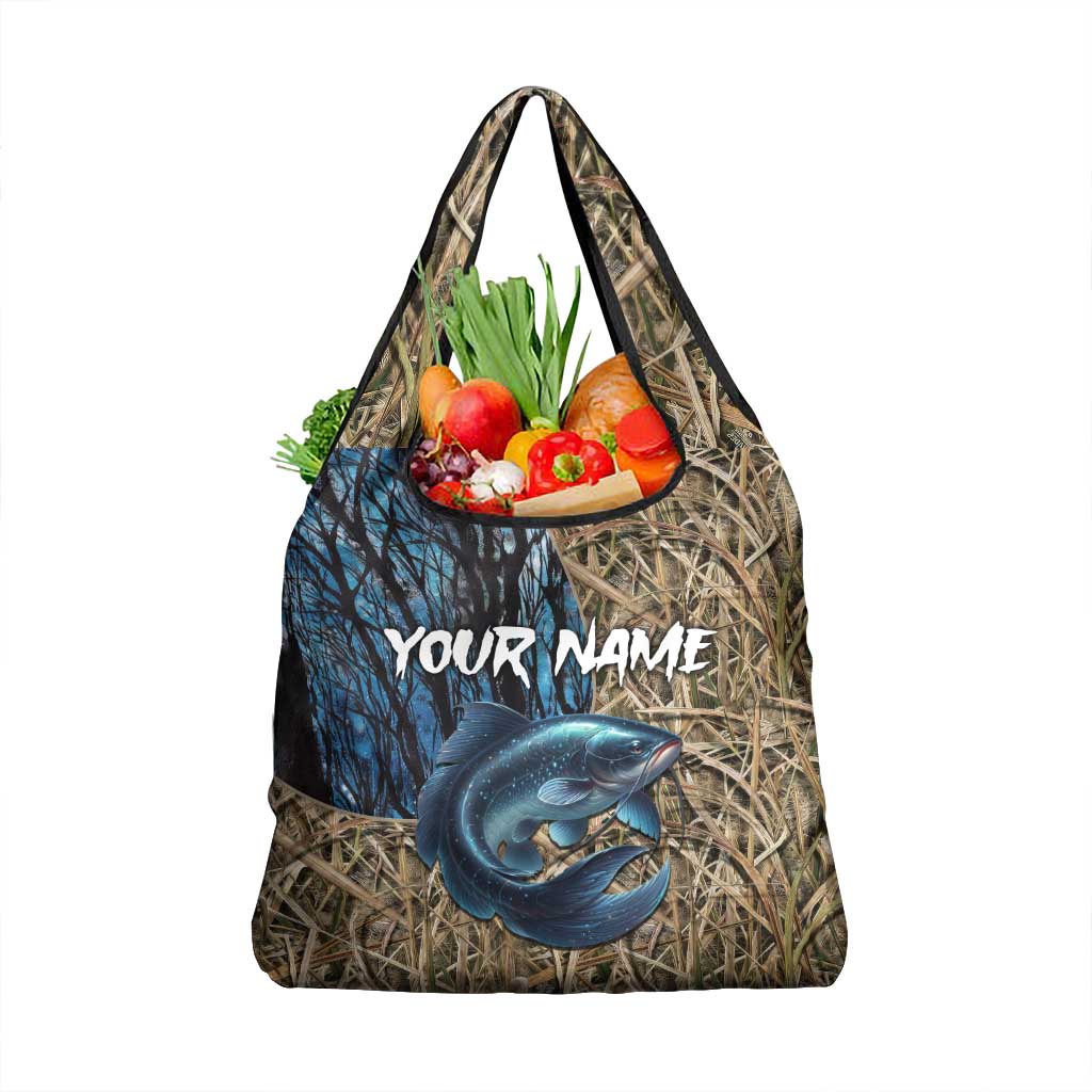 Catfish Fishing Personalized Grocery Bag Blue Bass and Camo Reeds Background - Wonder Print Shop