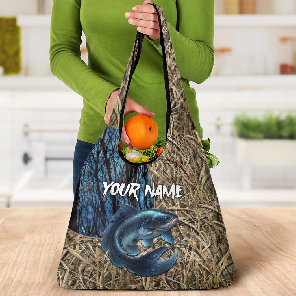Catfish Fishing Personalized Grocery Bag Blue Bass and Camo Reeds Background - Wonder Print Shop