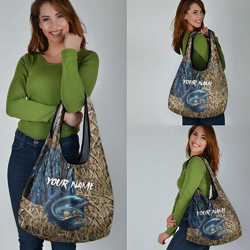 Catfish Fishing Personalized Grocery Bag Blue Bass and Camo Reeds Background - Wonder Print Shop