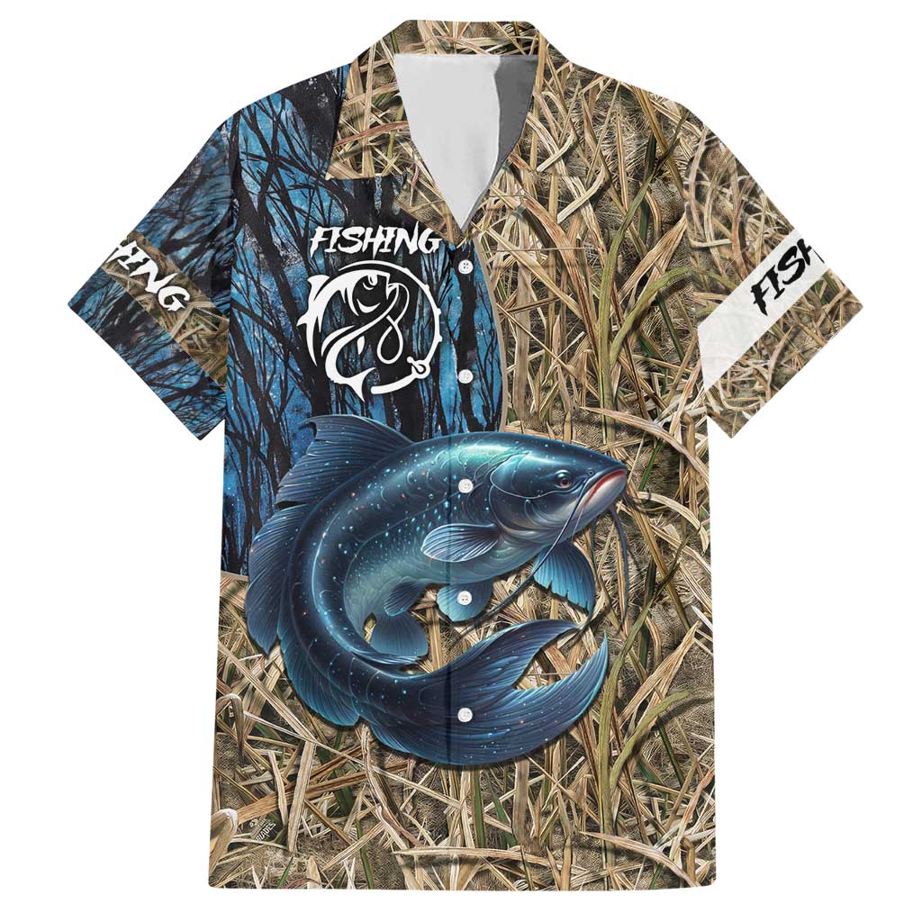 Catfish Fishing Personalized Hawaiian Shirt Blue Bass and Camo Reeds Background - Wonder Print Shop