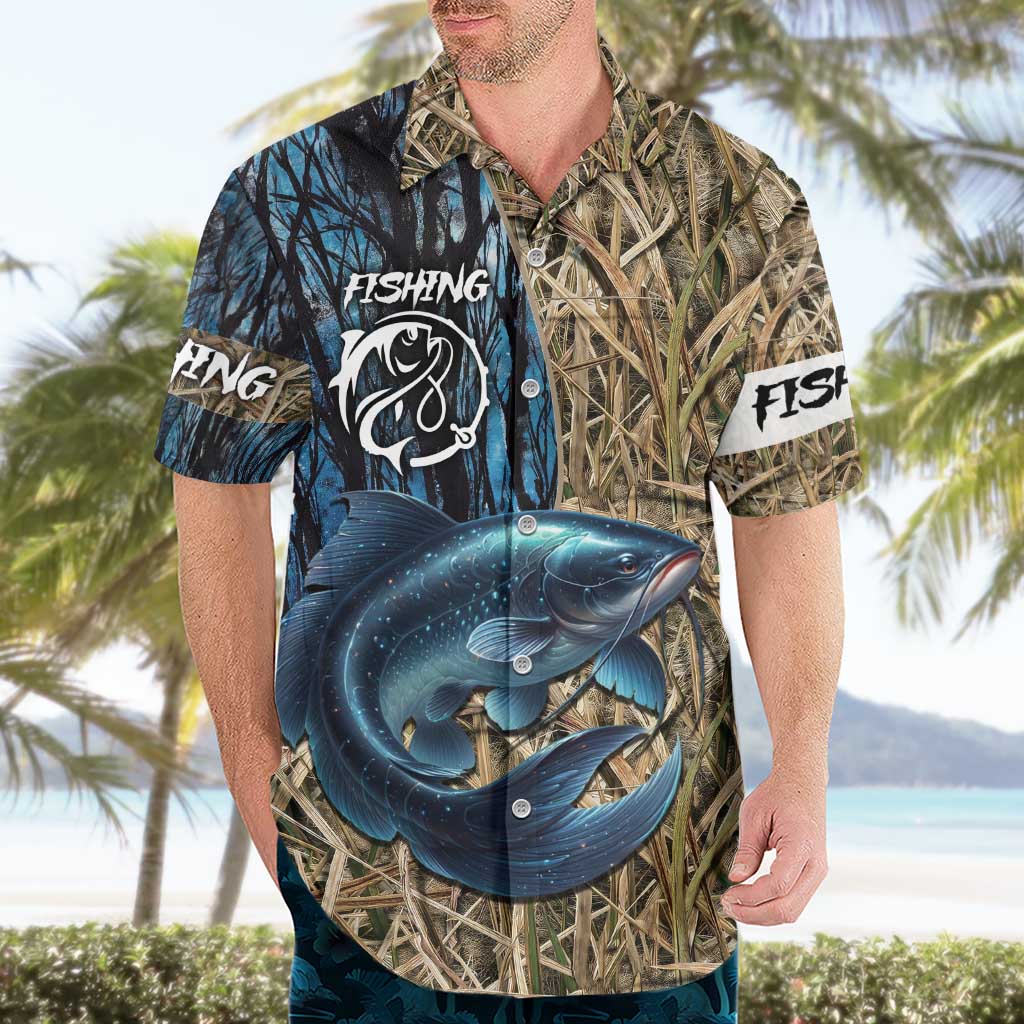 Catfish Fishing Personalized Hawaiian Shirt Blue Bass and Camo Reeds Background - Wonder Print Shop