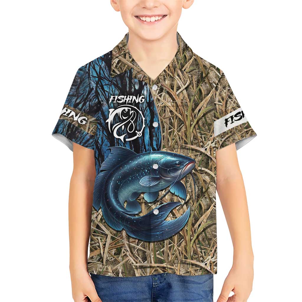 Catfish Fishing Personalized Hawaiian Shirt Blue Bass and Camo Reeds Background - Wonder Print Shop
