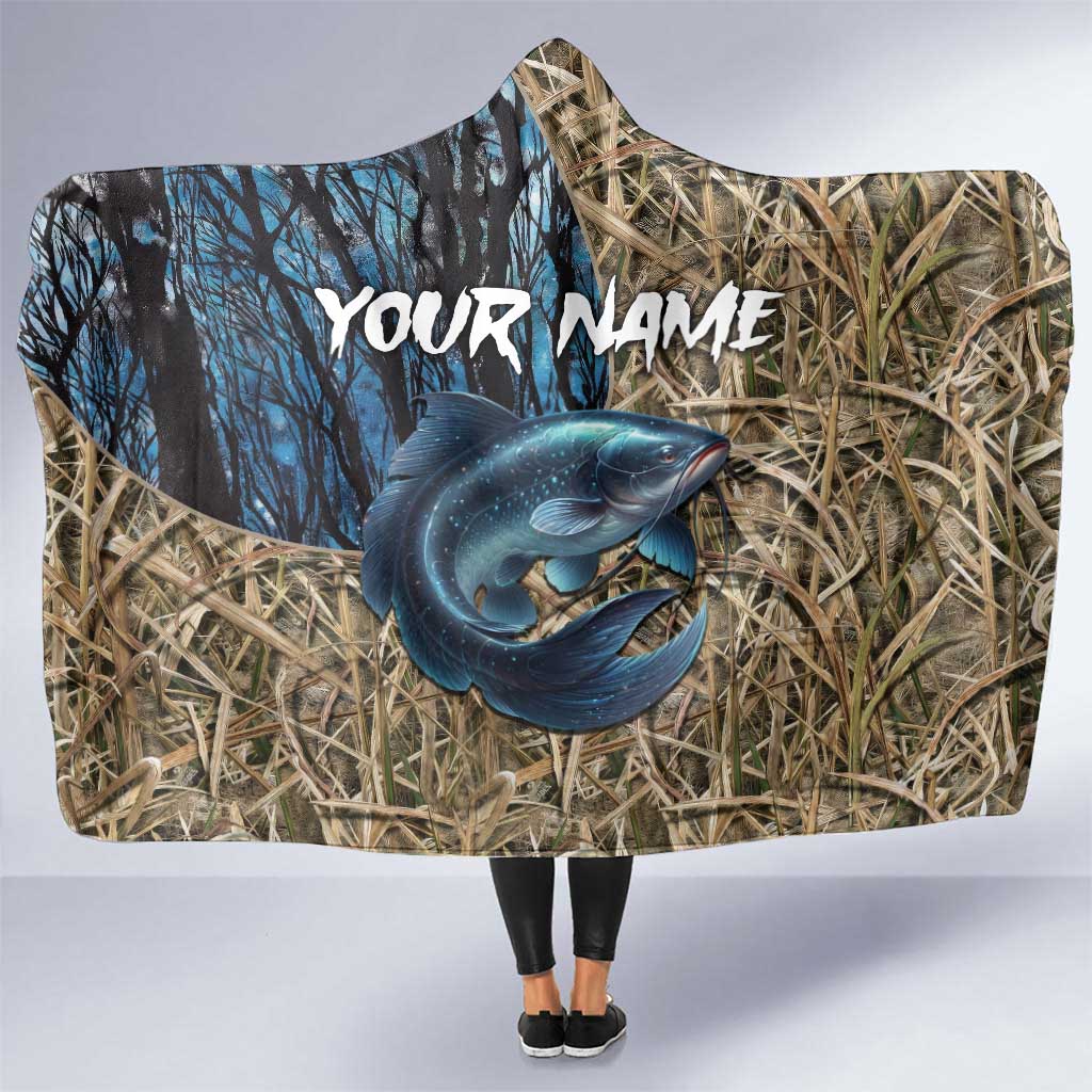 Catfish Fishing Personalized Hooded Blanket Blue Bass and Camo Reeds Background - Wonder Print Shop