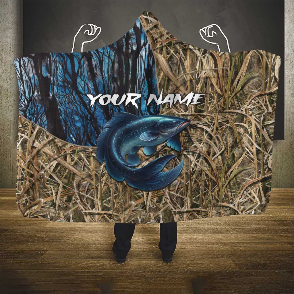 Catfish Fishing Personalized Hooded Blanket Blue Bass and Camo Reeds Background - Wonder Print Shop