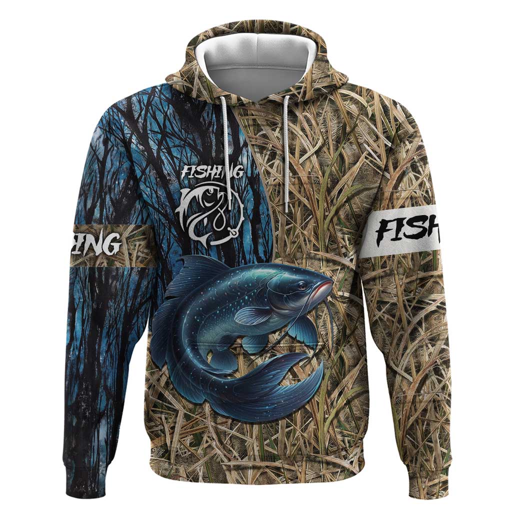 Catfish Fishing Personalized Hoodie Blue Bass and Camo Reeds Background - Wonder Print Shop