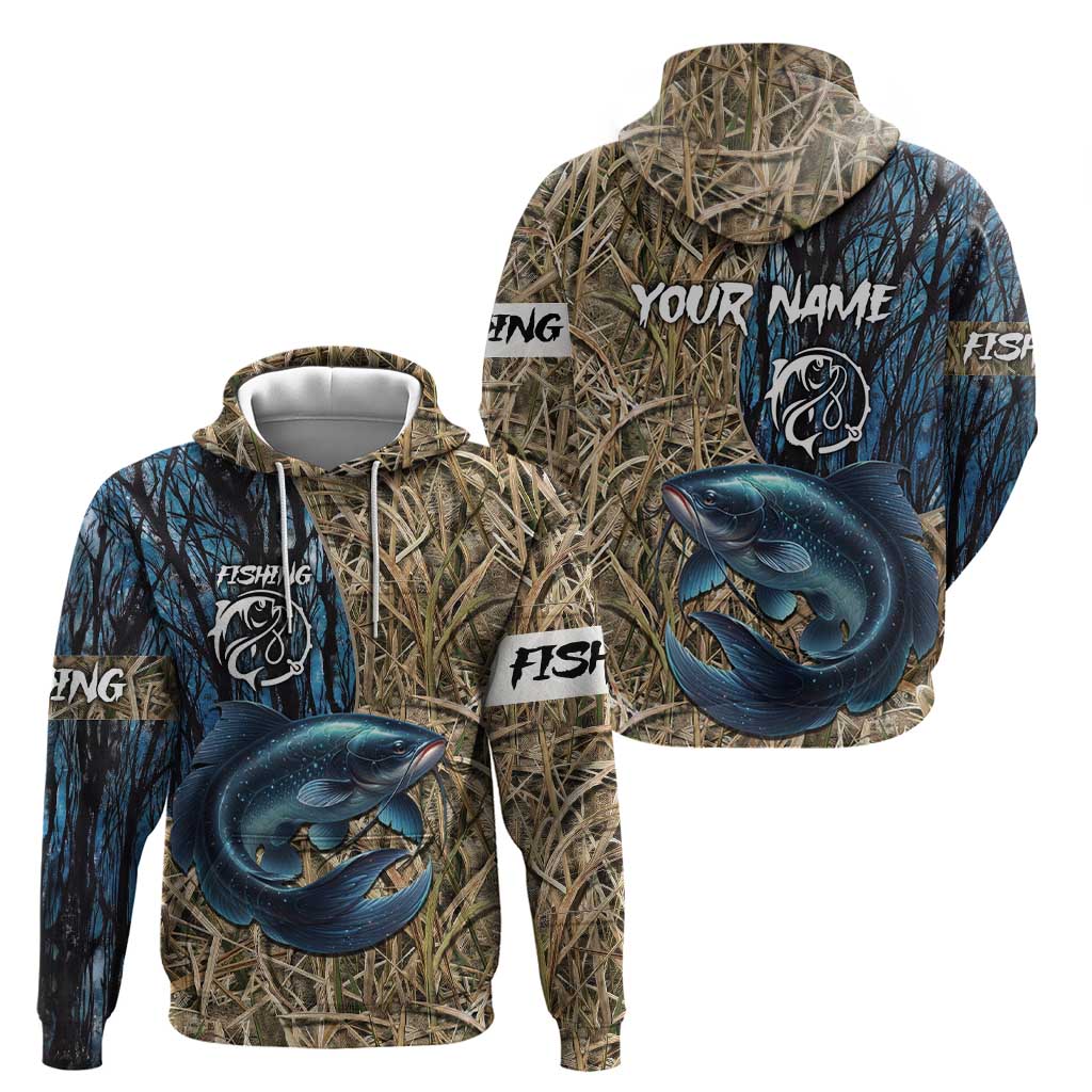 Catfish Fishing Personalized Hoodie Blue Bass and Camo Reeds Background - Wonder Print Shop