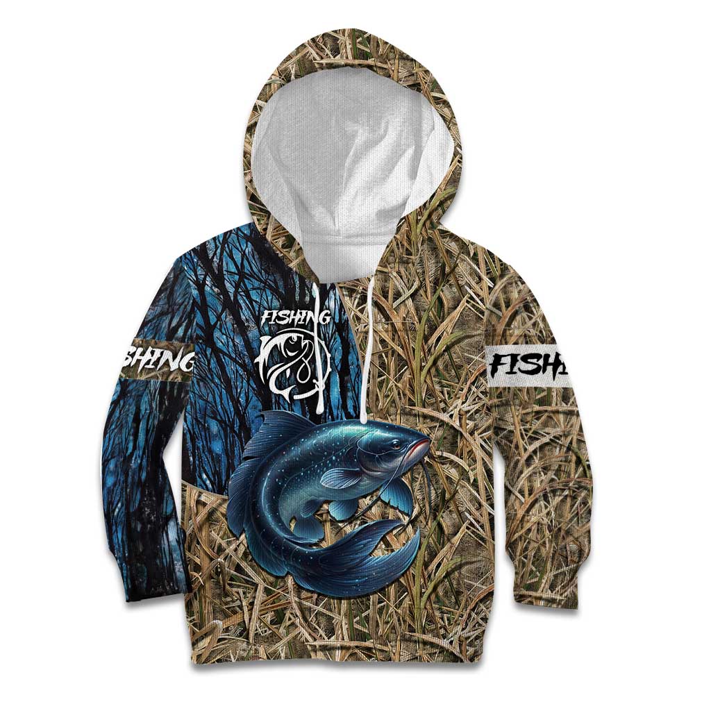 Catfish Fishing Personalized Kid Hoodie Blue Bass and Camo Reeds Background - Wonder Print Shop