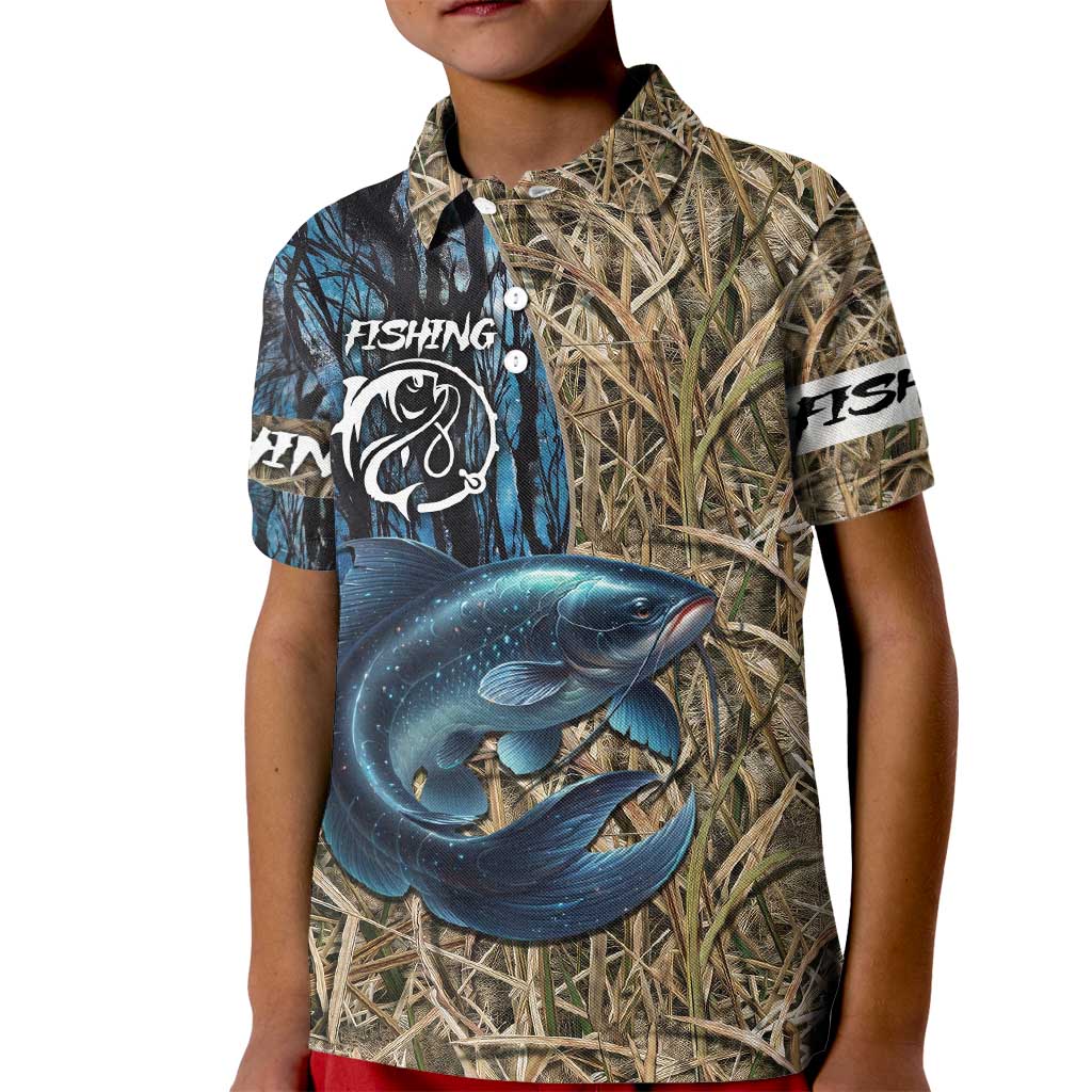 Catfish Fishing Personalized Kid Polo Shirt Blue Bass and Camo Reeds Background - Wonder Print Shop