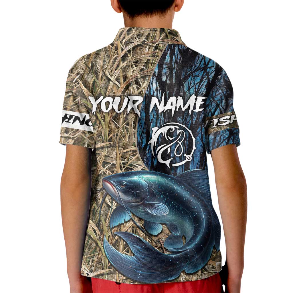 Catfish Fishing Personalized Kid Polo Shirt Blue Bass and Camo Reeds Background - Wonder Print Shop