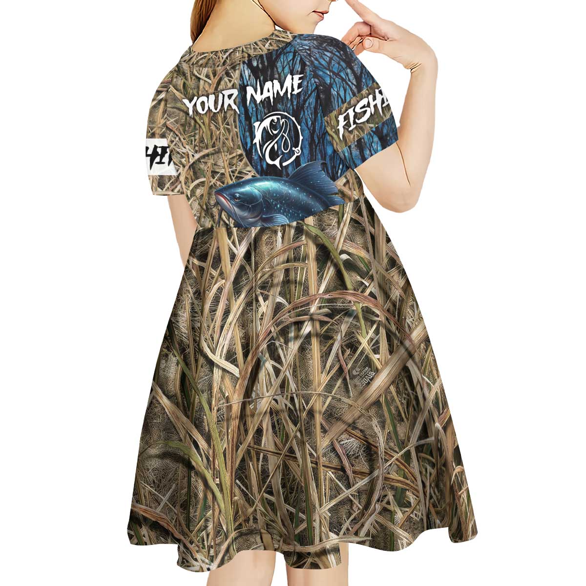Catfish Fishing Personalized Kid Short Sleeve Dress Blue Bass and Camo Reeds Background - Wonder Print Shop
