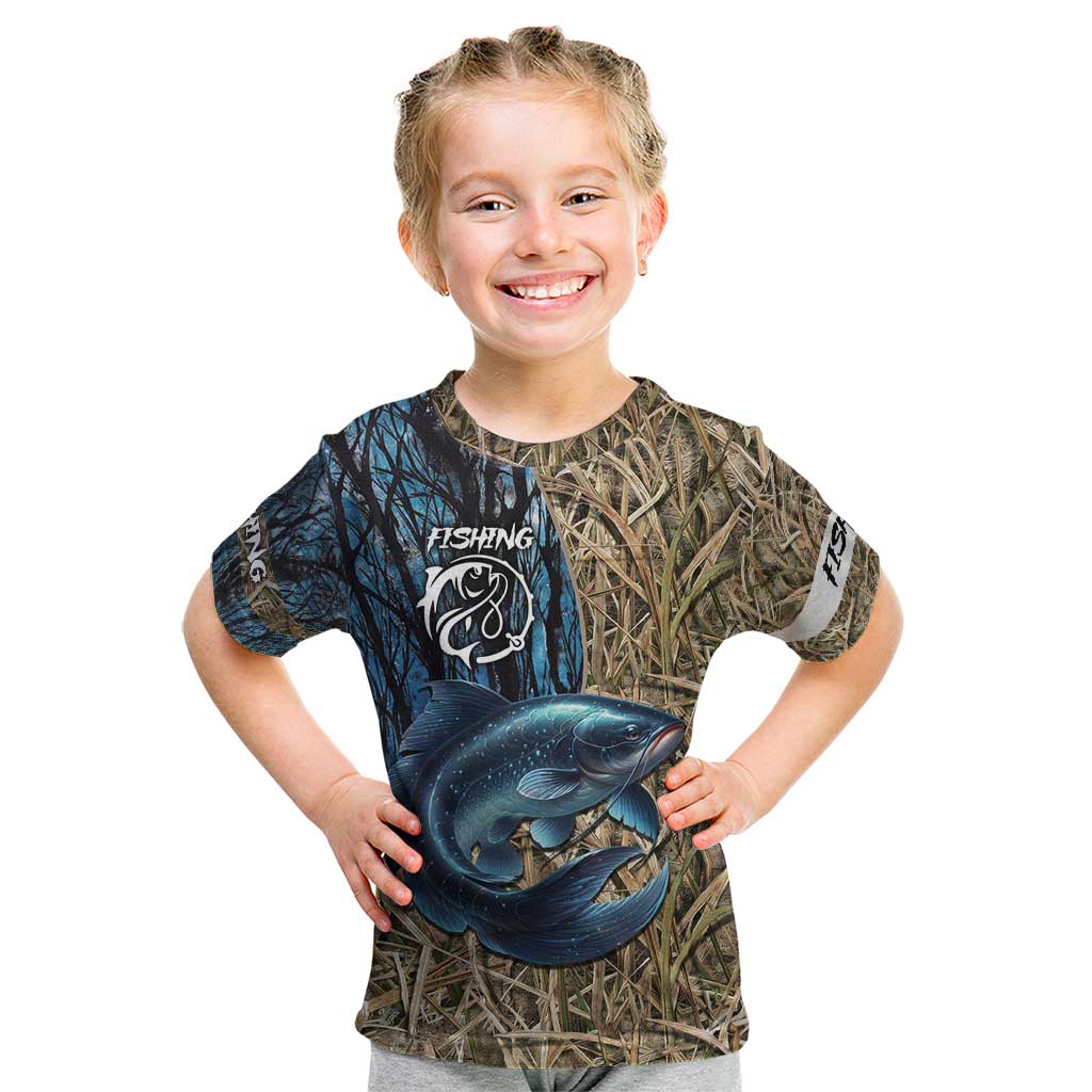 Catfish Fishing Personalized Kid T Shirt Blue Bass and Camo Reeds Background - Wonder Print Shop