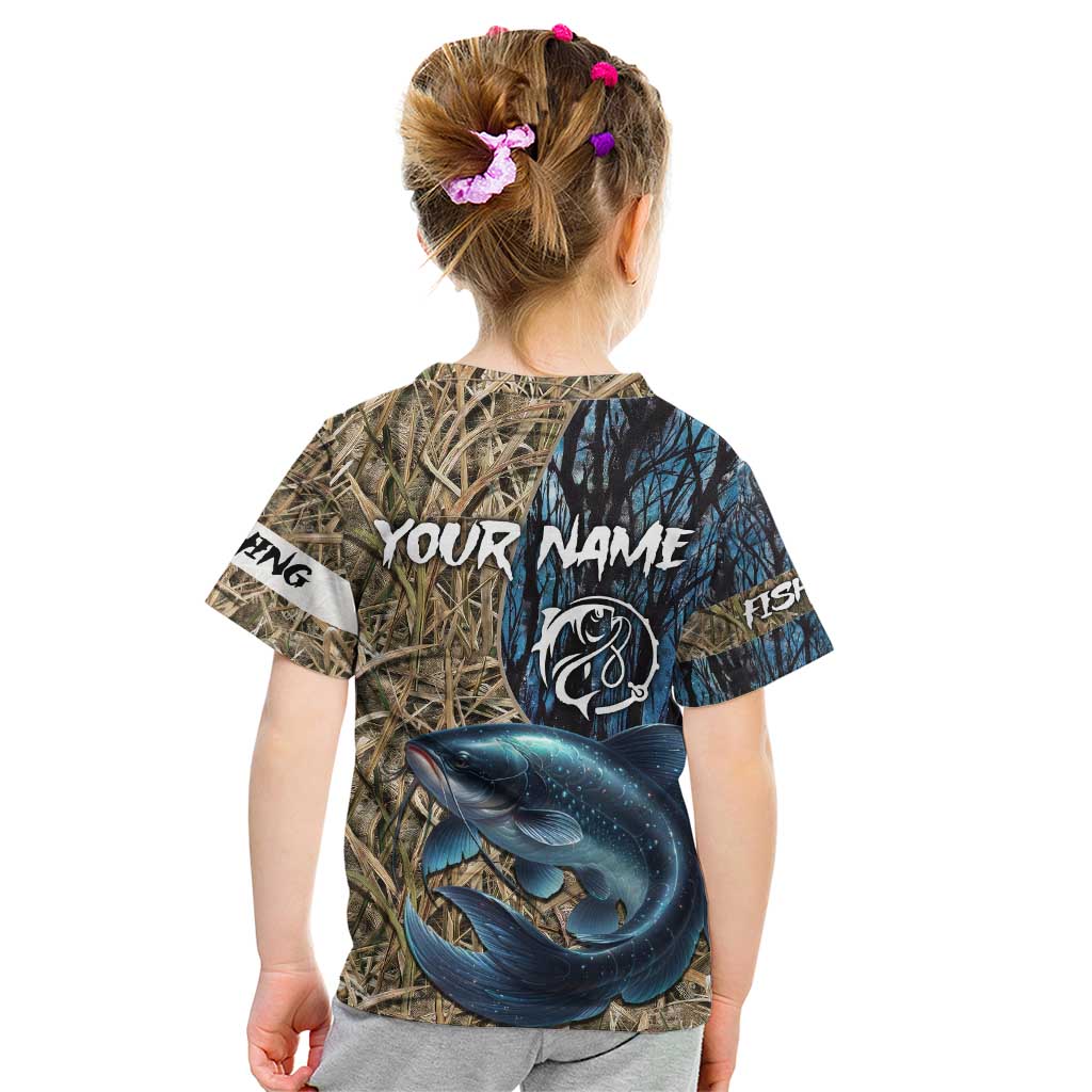 Catfish Fishing Personalized Kid T Shirt Blue Bass and Camo Reeds Background - Wonder Print Shop