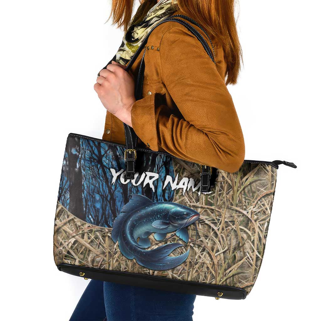 Catfish Fishing Personalized Leather Tote Bag Blue Bass and Camo Reeds Background - Wonder Print Shop