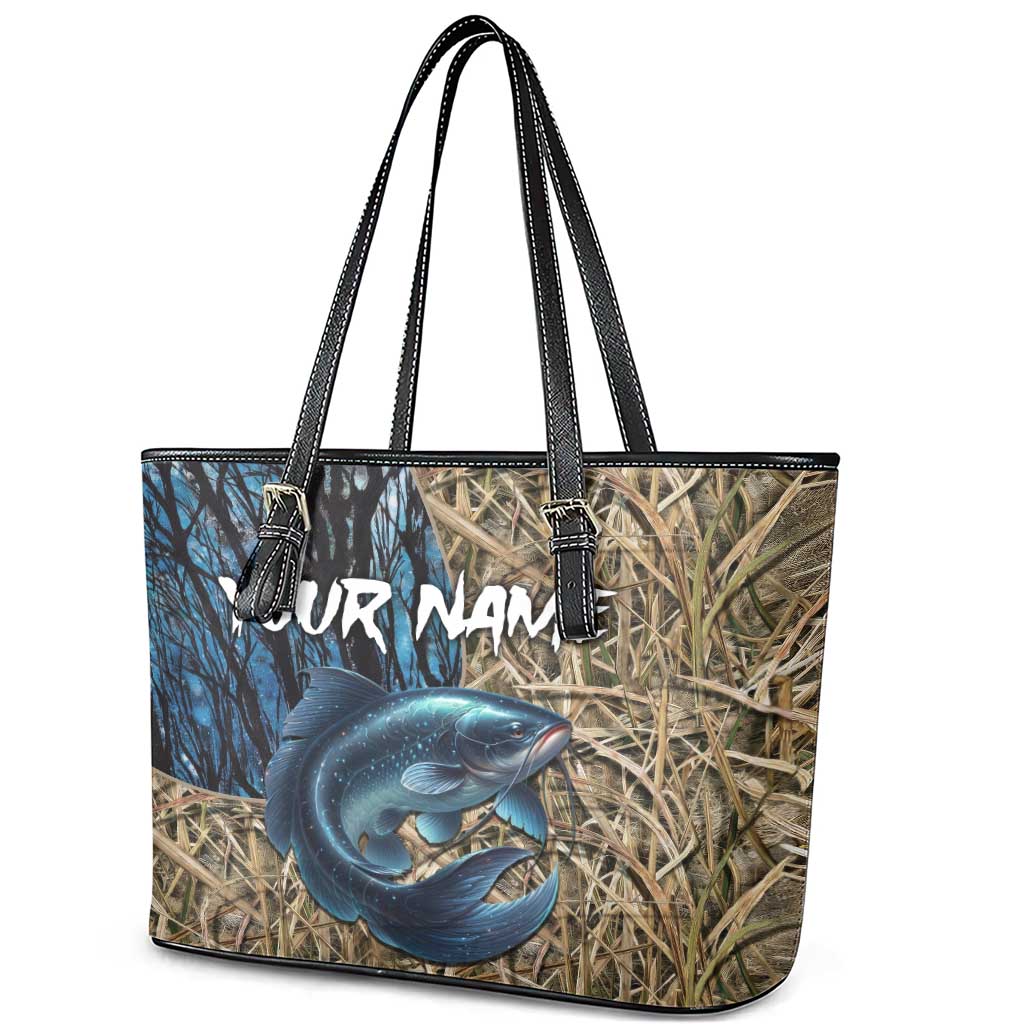 Catfish Fishing Personalized Leather Tote Bag Blue Bass and Camo Reeds Background - Wonder Print Shop