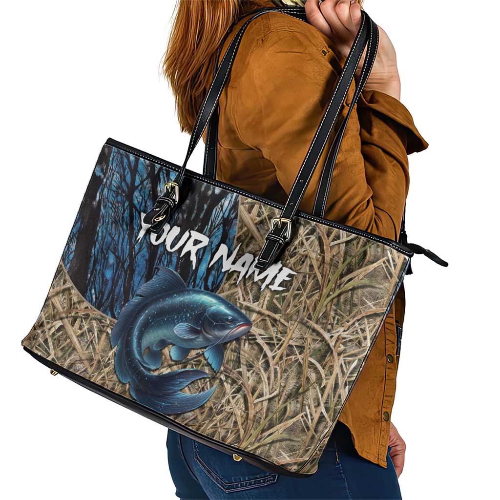 Catfish Fishing Personalized Leather Tote Bag Blue Bass and Camo Reeds Background - Wonder Print Shop