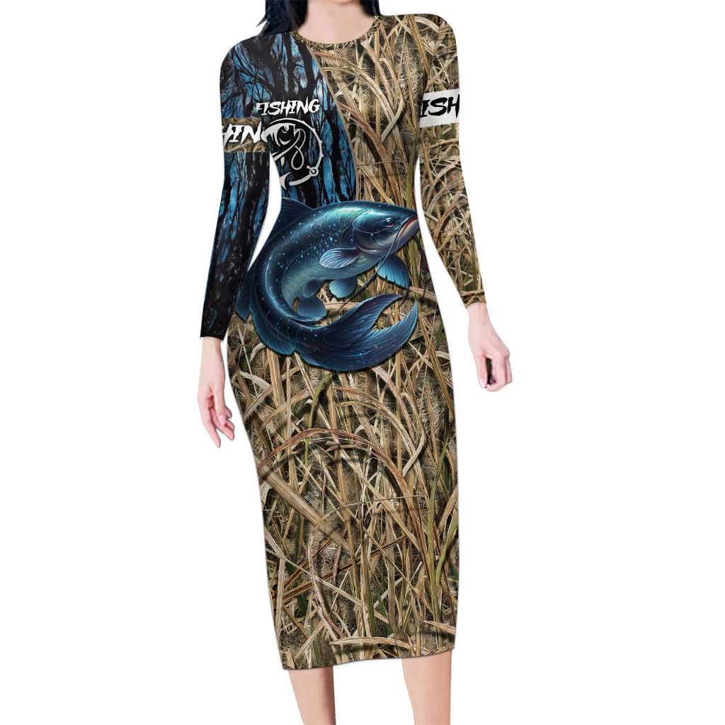 Catfish Fishing Personalized Long Sleeve Bodycon Dress Blue Bass and Camo Reeds Background - Wonder Print Shop